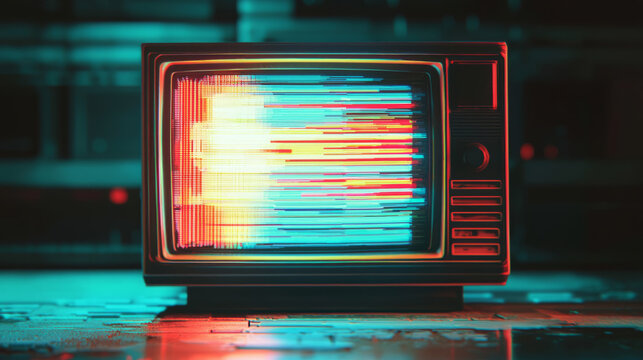 Vintage TV error screen with color bars, static noise, and analog scan lines