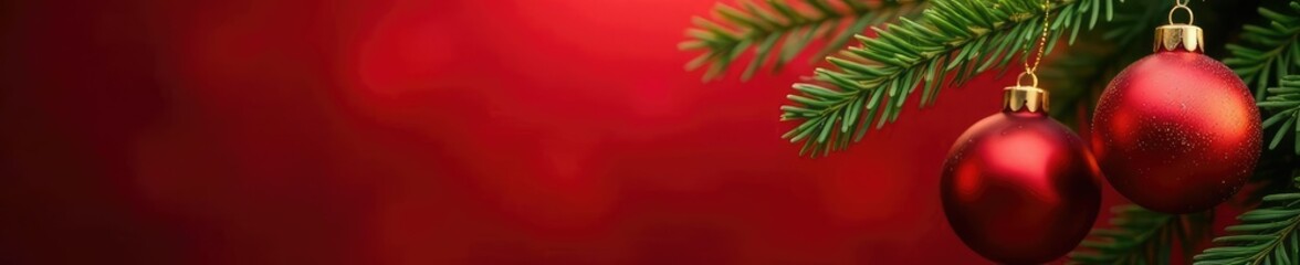 Gold and red ornaments hanging from a fir branch, red, festive, ornaments