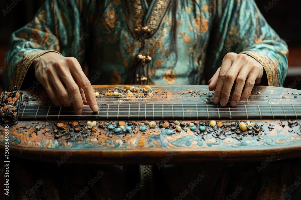 Poster a person playing a musical instrument on a table, useful for music-related content and creative proj