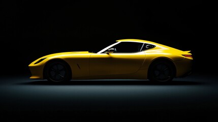 Brandless Yellow Sports Car Side Profile Low Angle Shot with Dramatic Lighting Against a Dark Background