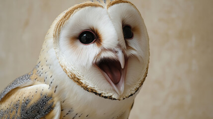 Fototapeta premium Close up of a barn owl with sharp details of white and brown feathers, large black eyes, and a soft golden background, ideal for wildlife conservation, educational materials, and nature inspired desig