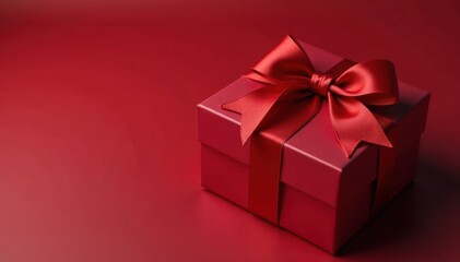 Obraz premium Deep red gift box, crimson ribbon shaped as a cupid's bow , bow, gift, macro