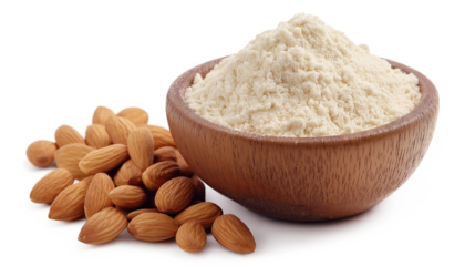, Almond flour in a wooden bowl and almonds nut isolated on a white background