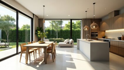Fototapeta premium Sun-drenched open plan space with modern dining & living area Neutral palette, stylish decor , neutral tones, home styling