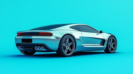 Naklejka premium Three-Quarters Rear View of a Sleek Silver Sports Car with Quad Exhausts Against a Vibrant Blue Background