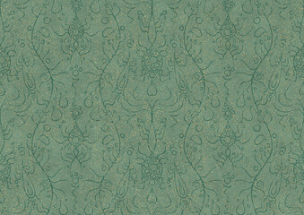 Hand-drawn unique abstract seamless ornament. Dark green on light cold green background, with splatters of golden glitter. Paper texture. Digital artwork, A4. (pattern: p13-1b)
