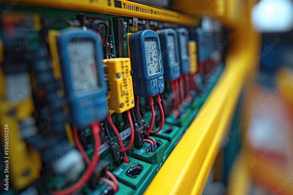 Poster a close-up shot of various electrical components and machinery