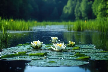 Two white water lilies floating on the surface of a lake, a serene and peaceful scene © Fotograf