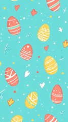 Illustrated Easter eggs, hearts, and doodles on teal