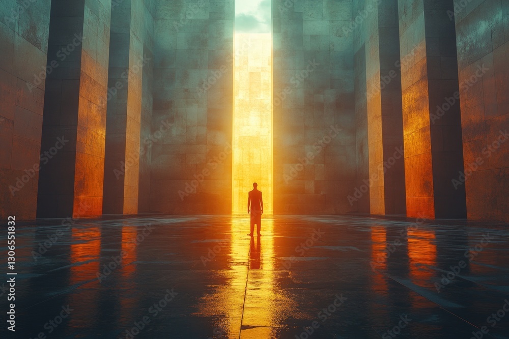 Poster a person stands amidst grand architecture with ornate columns, perfect for capturing the essence of 