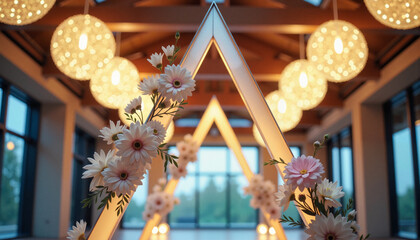Modern geometric wedding arch illuminated by chandeliers, celebration