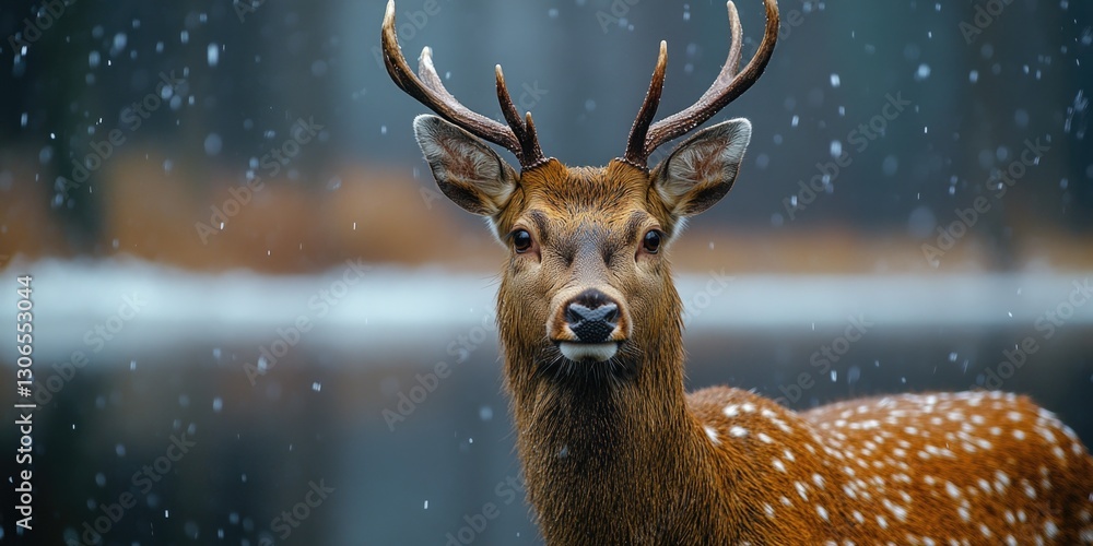 Poster close-up shot of a deer in snowy environment