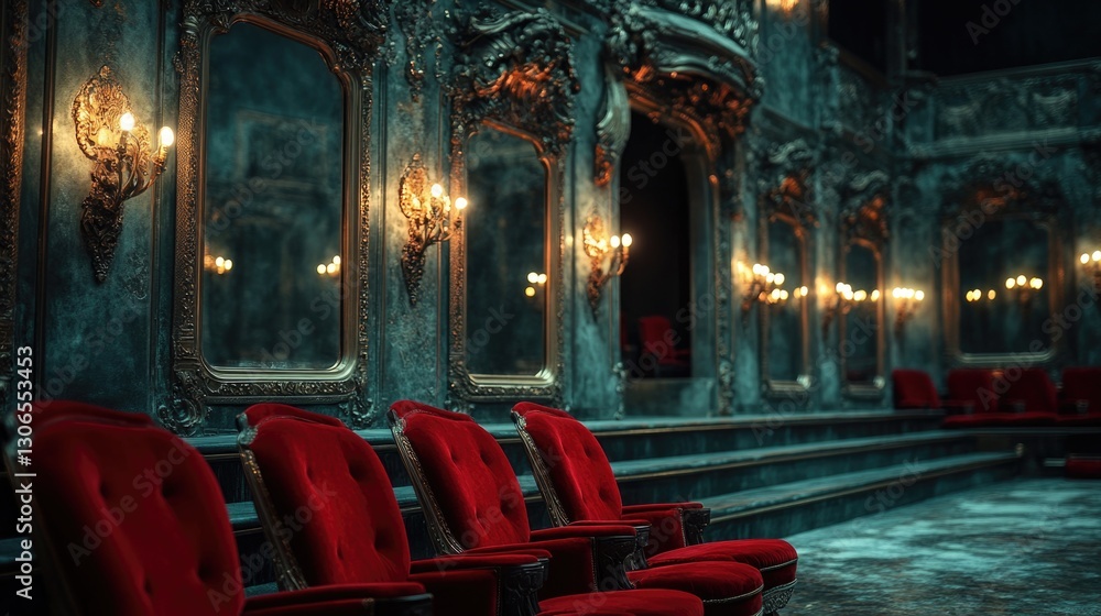 Aufkleber a row of red chairs sitting in front of a wall
