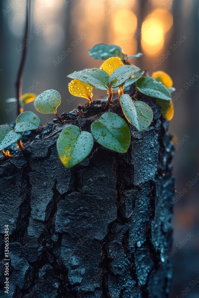 Poster a plant is growing out of the bark of a tree, highlighting the unique relationship between these two