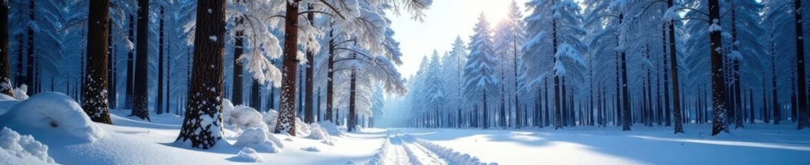 Fototapeta premium Snow-covered pine forest with bare trees and sparkling snow, wintry, winter scenery, frosty