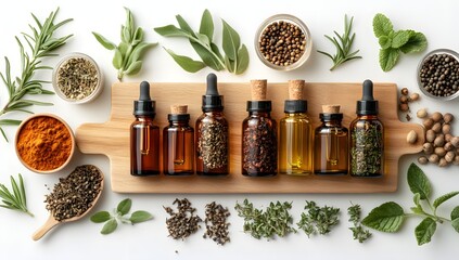 Aromatic essential oils and spices on wooden board