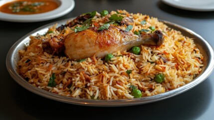 A traditional biryani dish with fragrant basmati rice and tender chicken,