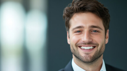Naklejka premium smiling man in suit exudes confidence and positivity, showcasing professional demeanor. His friendly expression and well groomed appearance create inviting atmosphere