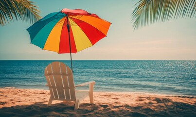 Beach chair, rainbow umbrella, ocean view, sunny day