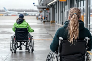 Obraz premium inclusion service to people with disabilities at the airport, two people in wheelchairs