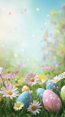 Fototapeta premium Colorful Easter eggs scattered in spring meadow