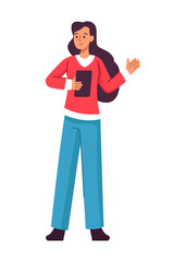 A Professional Woman Holding a Tablet While Engaging in a Thoughtful Gesture of Communication