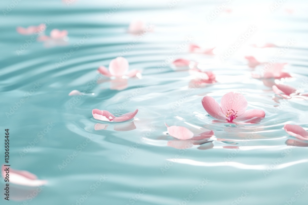 Poster Serene pastel colors and floating flower petals create a calming atmosphere in tranquil waters Generative AI