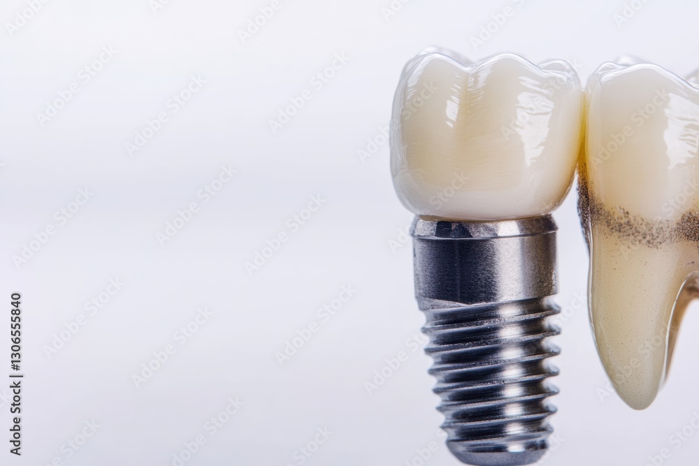 Poster high quality dental implant showcasing superior metal design with tooth attachment on a smooth backg