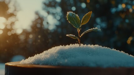 A small sprout pushing its way through the snowy surface, a symbol of persistence and the arrival of new life. The snow sparkles brightly in the sunlight