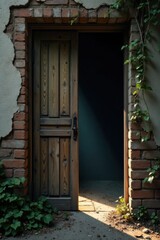 Fototapeta premium A Rustic Wooden Door Ajar, Revealing a Mysterious Dark Interior, Framed by Weathered Brick and Lush Greenery