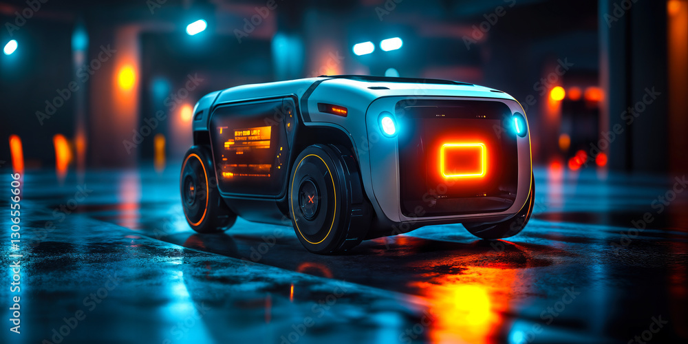 Poster futuristic autonomous multi-functional robot in urban setting with neon lighting for delivery and tr