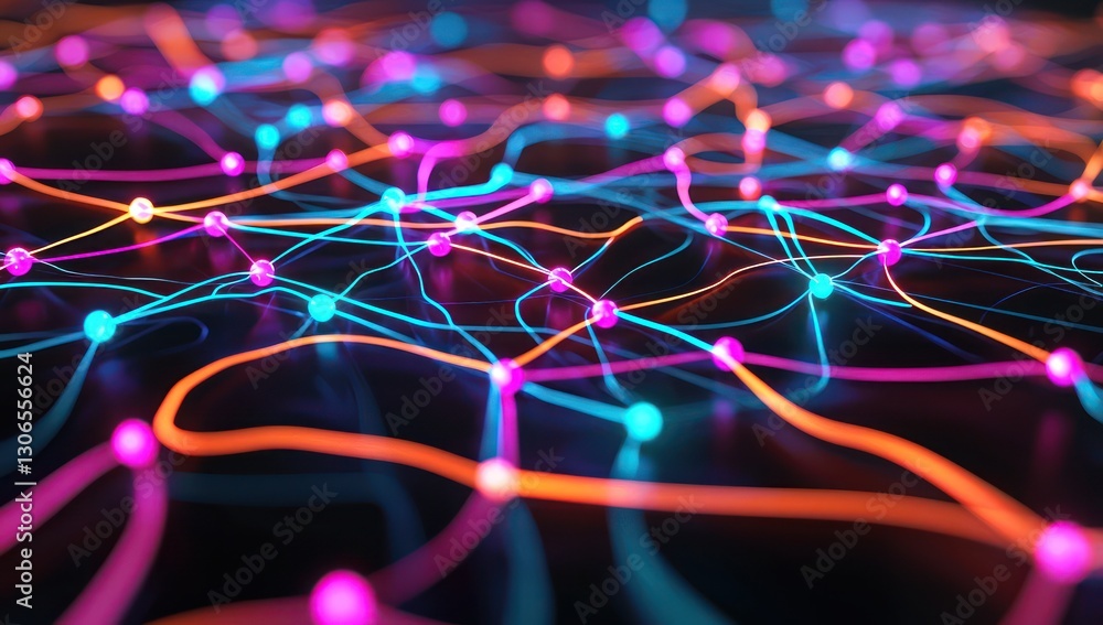 Aufkleber graphic depiction of network nodes connected by bright digital paths on a simple background.