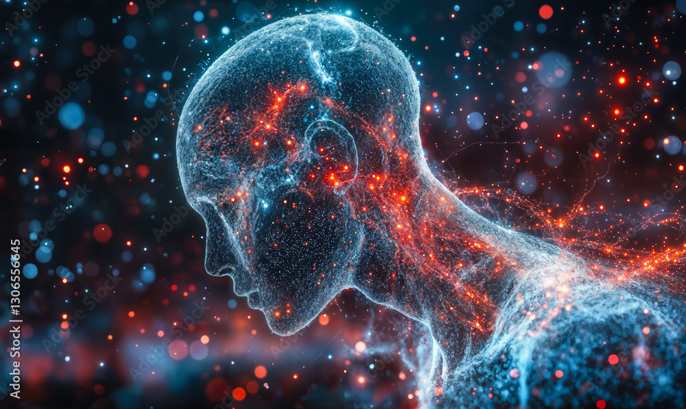 Aufkleber ai neural network and human brain interconnection conceptual art with vibrant digital visualization 
