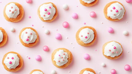 Deliciously decorated mini cakes kitchen food photography bright environment top view sweet treats concept