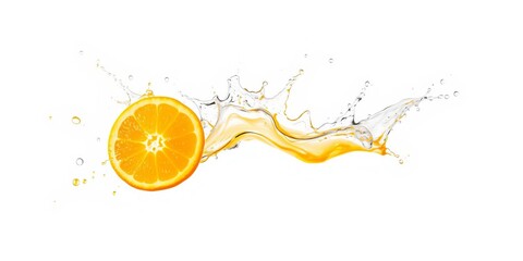 Orange juice splashing in mid-air isolated on white background, isolated, vibrant
