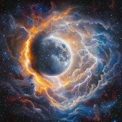 Obraz premium A cosmic storm forming near the moon, vibrant lightning bolts illuminating the swirling nebulae ar 16:9 v 6.1 q 2