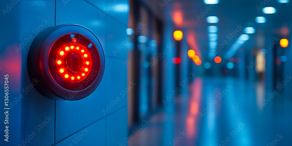 Poster voice-activated security system in modern corridor with red led indicator for advanced digital safet