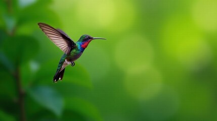Fototapeta premium A Vibrant Hummingbird in Flight Against a Lush Green Background, Displaying its Iridescent Plumage and Graceful Movement in Nature