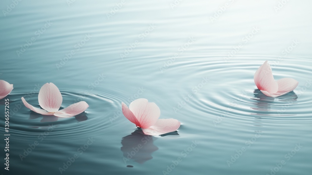 Poster serenity captured in soft pastels with delicate flower petals floating on calm water in a tranquil s