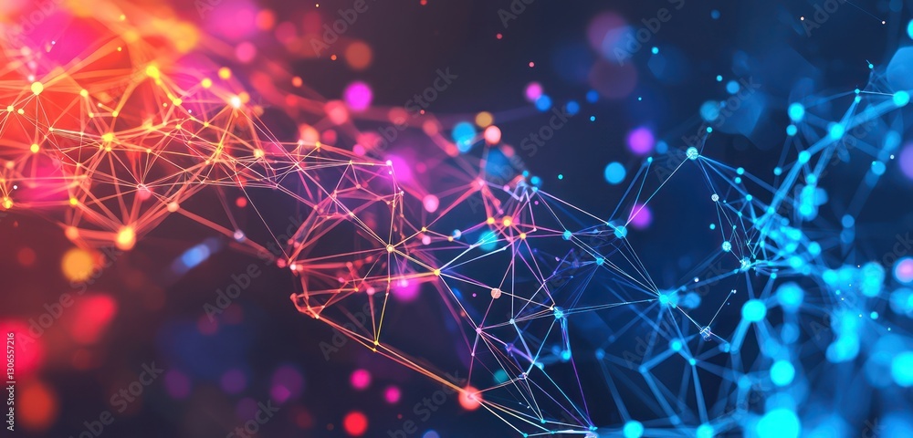 Poster decentralized data networks illustrated innovatively with abstract, vibrant blockchain visuals.