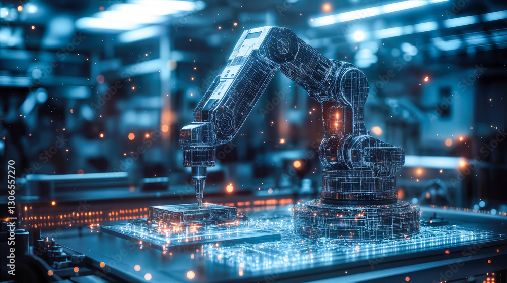 Poster ai-driven automation solutions in industrial settings with robotic arm optimizing productivity and s