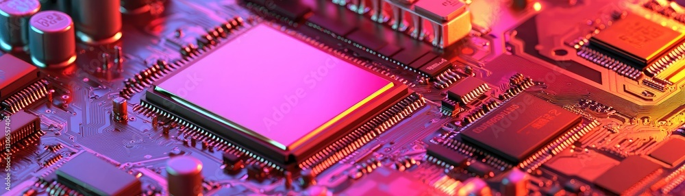 Poster close-up of a circuit board's central processing unit; technology background