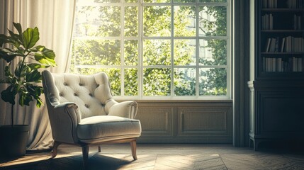 A quiet room with a plush chair by the window, perfect for reading or relaxation.