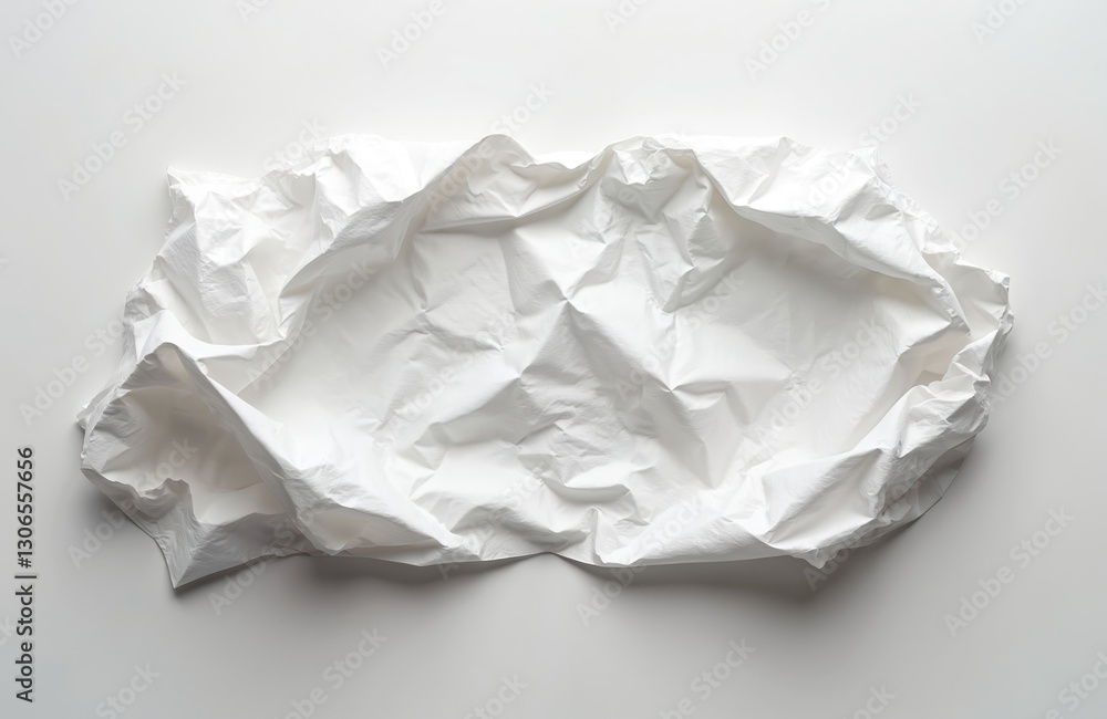 Poster top view of crumpled white paper sheet lies on white surface. wrinkled, crushed texture of page. abs