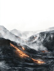 Dark Grey Volcanic Landscape with Flowing Orange Lava and White Background