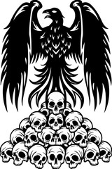 SVG vector features dark fantasy dragons and mythical beasts. Black silhouette of a mythical bird above a pile of skulls