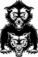 SVG vector features dark fantasy dragons and mythical beasts. Fierce Black and White Wolf Heads in Unique Graphic Design