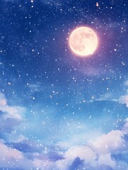 Naklejka premium Dreamy Night Sky with Full Pink Moon and Twinkling Stars
