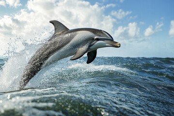 Obraz premium A realistic dolphin leaping out of the water, full body, no background, white background, no shadow on all sides of its head and tail, ultra-detailed rendering style, hyper-realistic animal