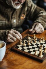 Elderly Man Playing Chess Close Up of Hands Moving Piece on Wooden Board